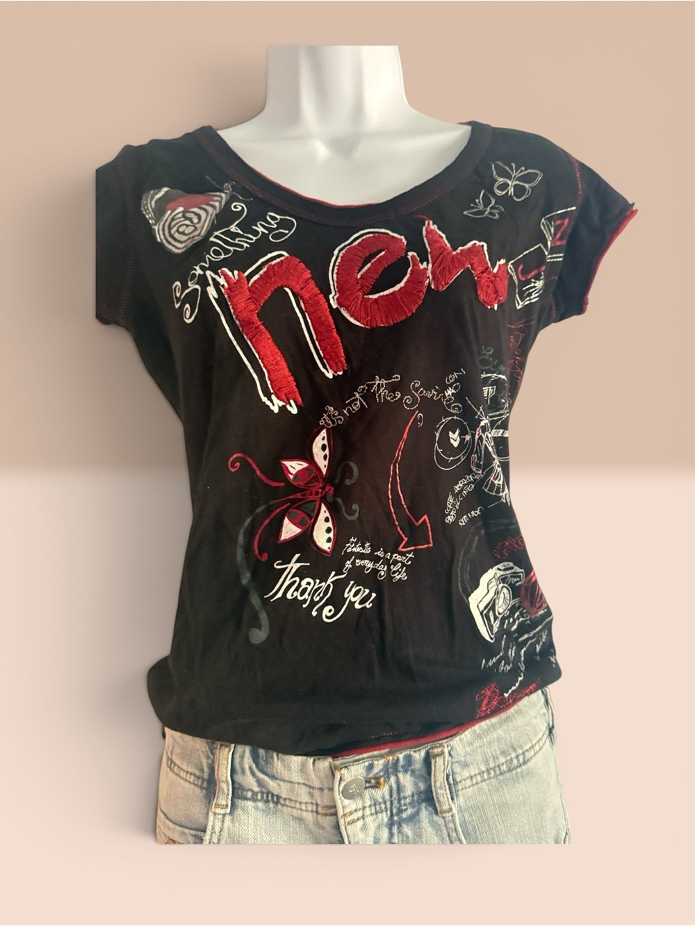 Vintage Desigual Black and Red Graphic Tee - Women Tops